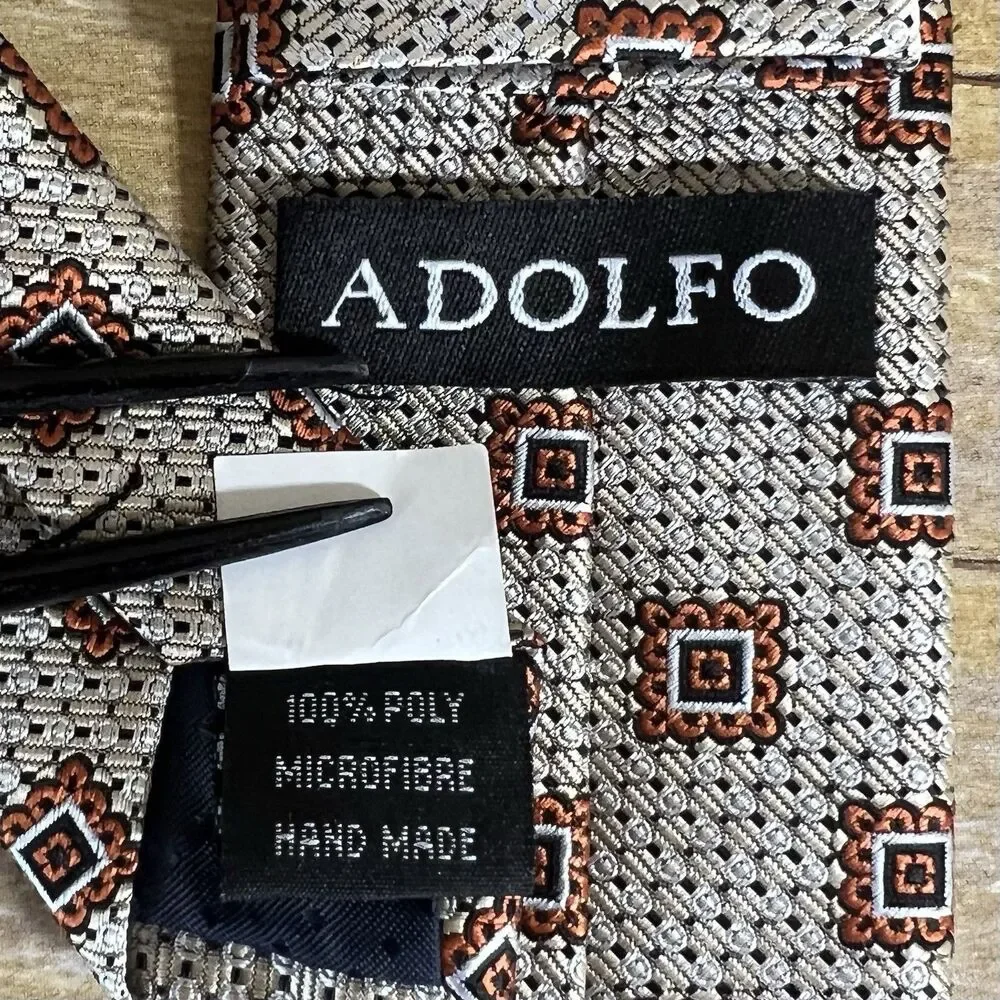 Adolfo Mens Necktie Brown‎ Tan Geometric Square Pattern Silk Blend Classic Tie